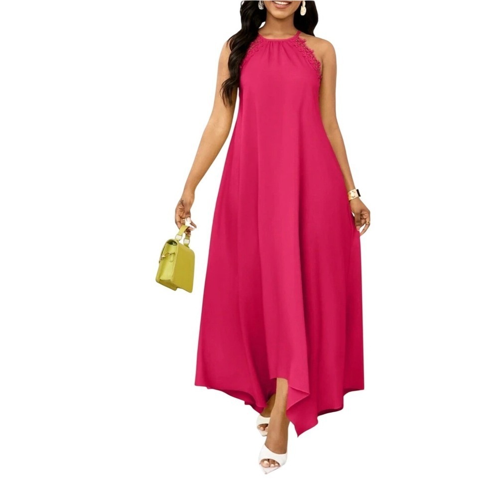 SHEIN Hot Pink Halter Maxi‎ Dress Floral Lace Trim Trapeze Swing Medium